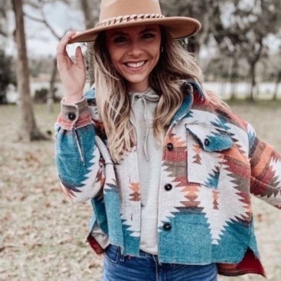 New Western Farmhouse Distressed Flannel Jacket Coat Shacket Button Top Blue Red - Picture 4 of 11